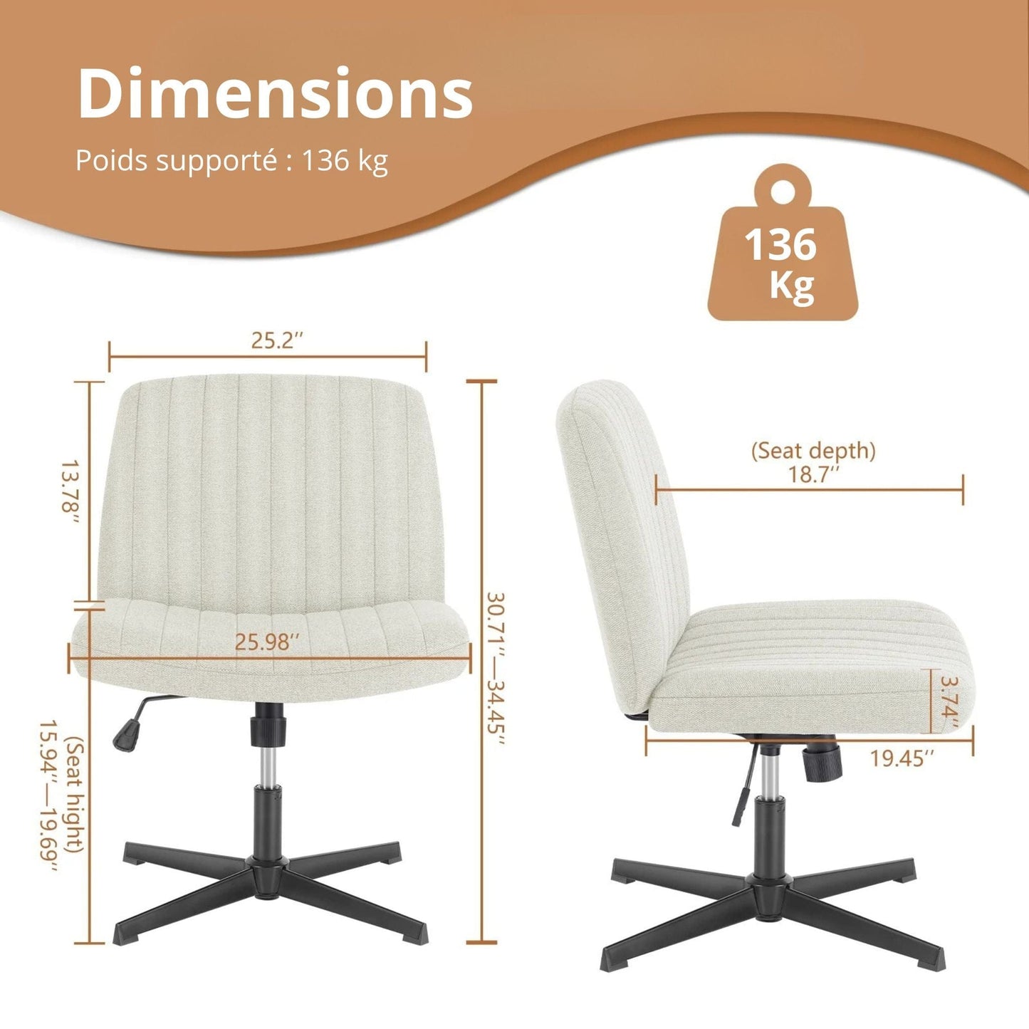 Chaise de bureau en cuir marron à assise large