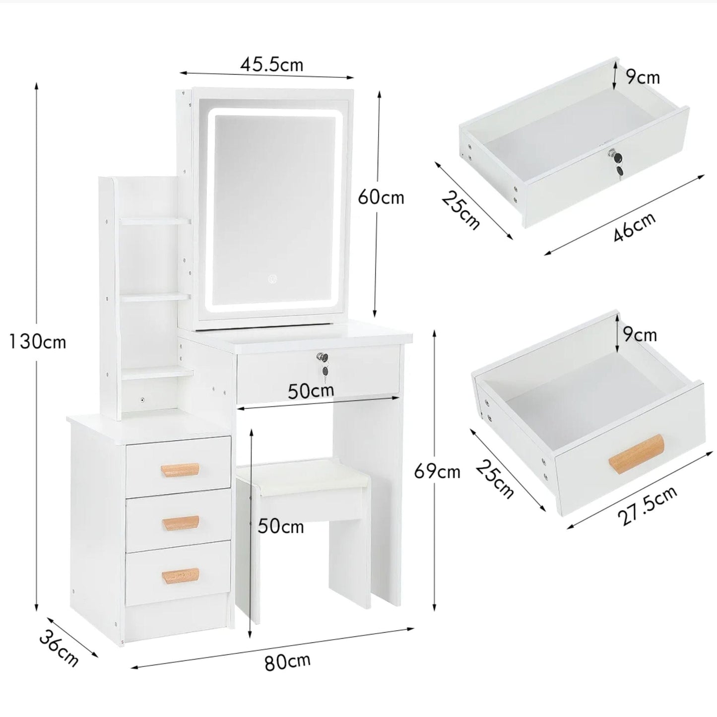 Coiffeuse avec miroir LED et tabouret | UT. Blanc