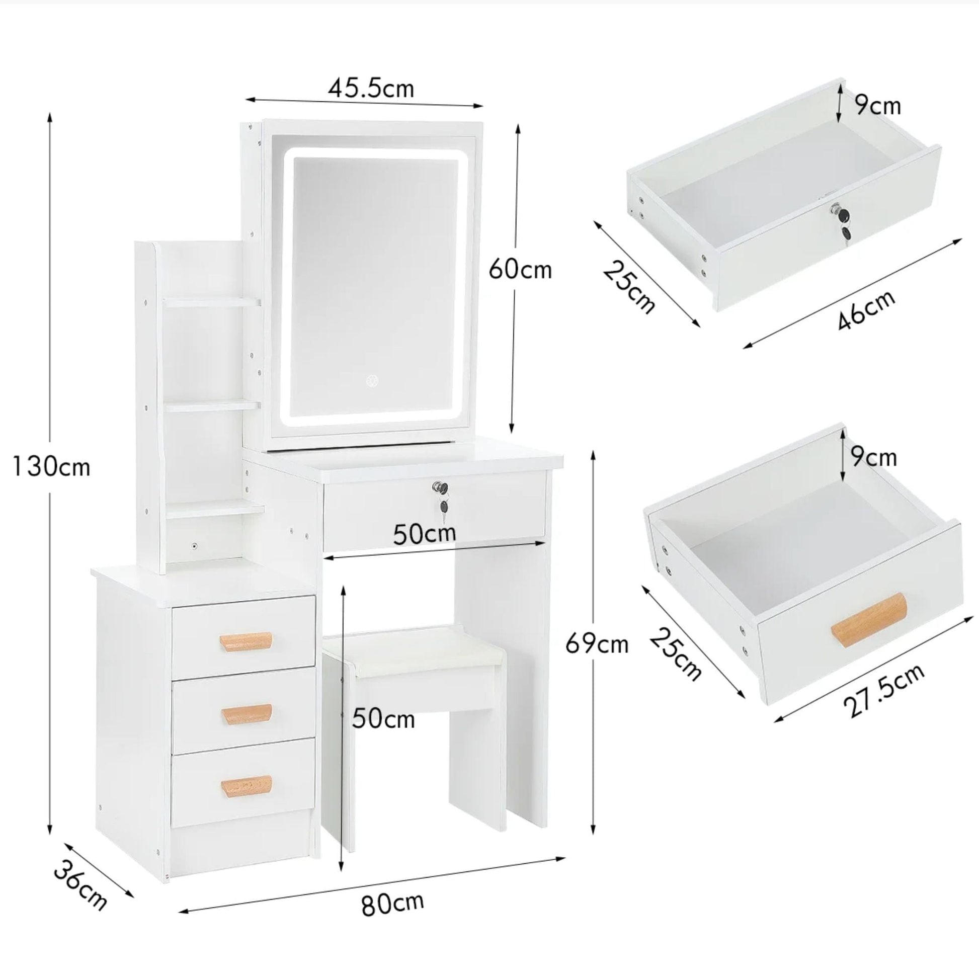 Coiffeuse avec miroir LED et tabouret | UT. Blanc
