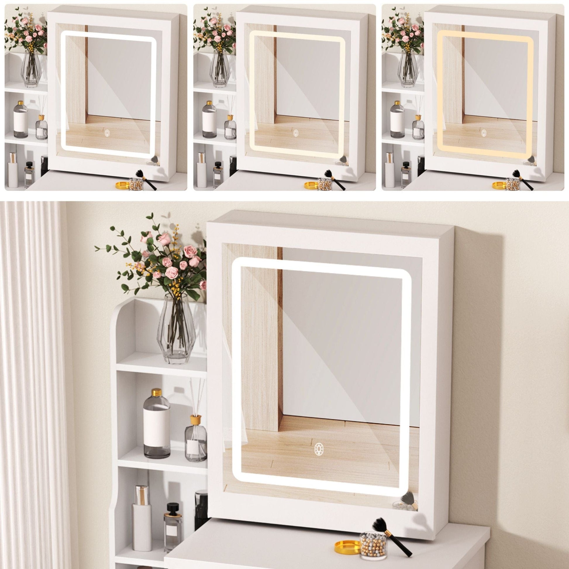 Coiffeuse avec miroir LED et tabouret | UT. Blanc