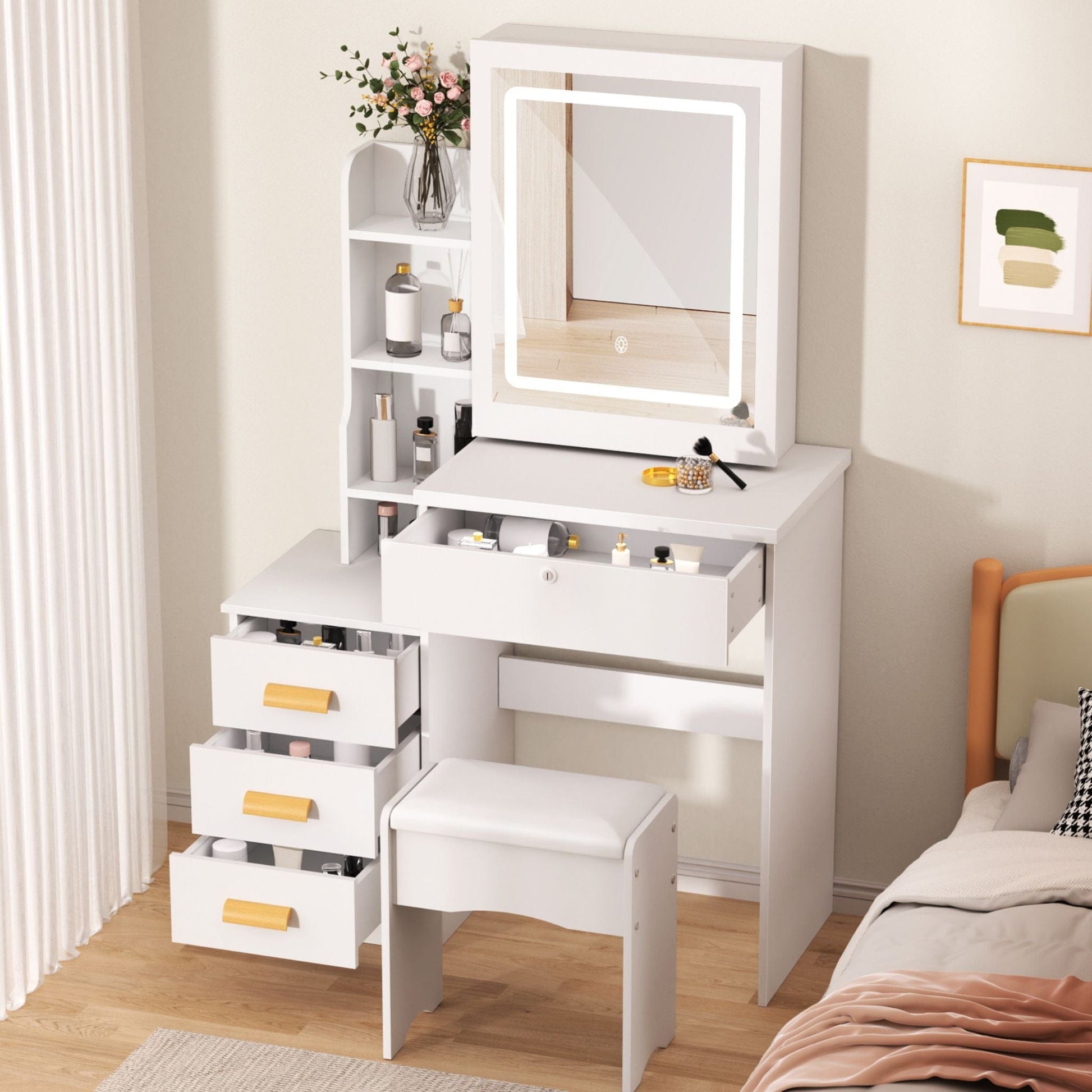 Coiffeuse avec miroir LED et tabouret | UT. Blanc