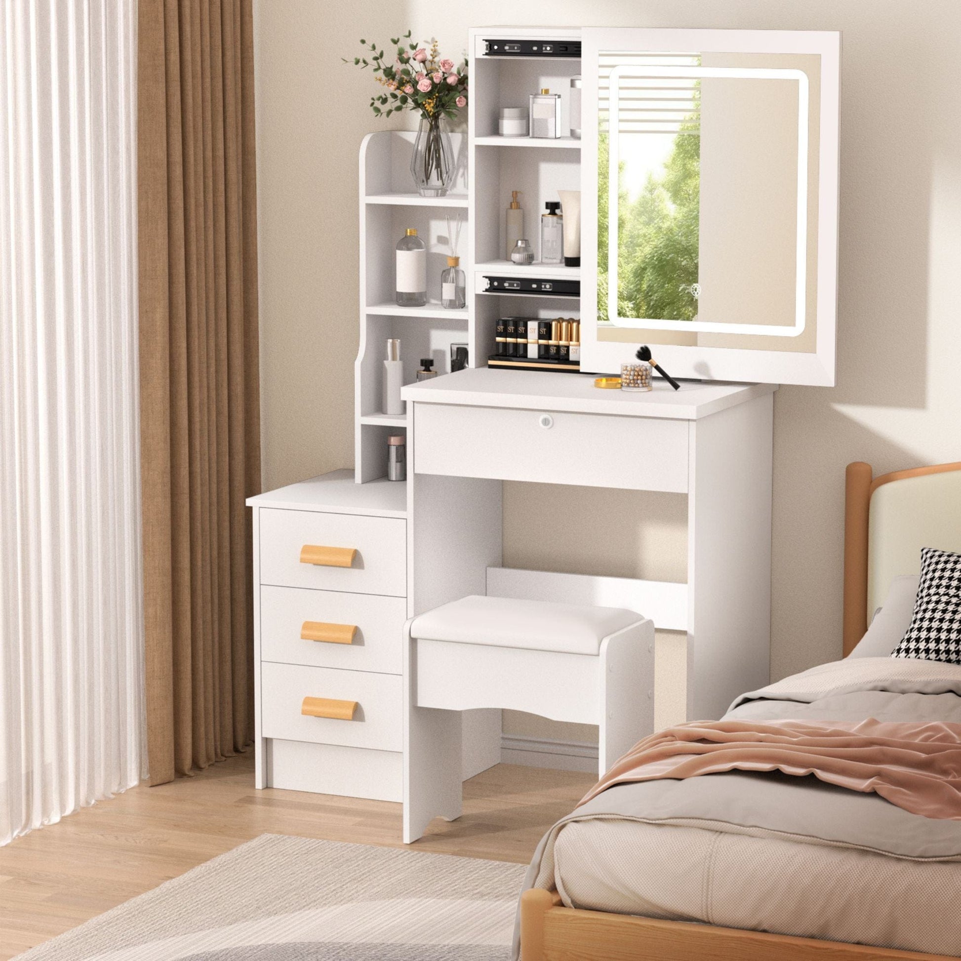 Coiffeuse avec miroir LED et tabouret | UT. Blanc