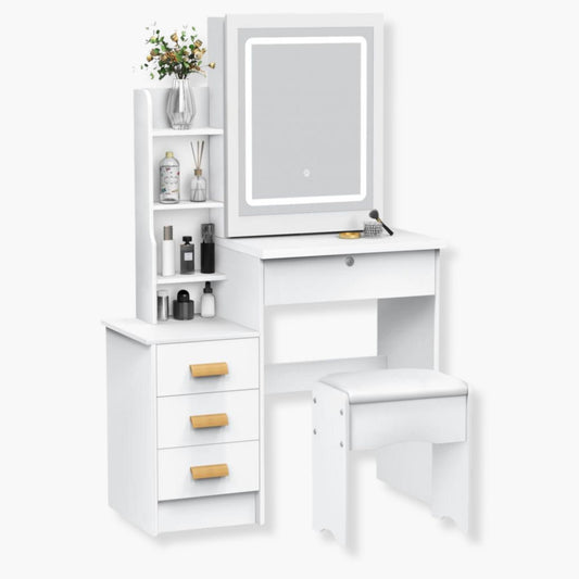 Coiffeuse avec miroir LED et tabouret | UT. Blanc
